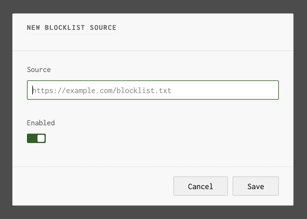 Add blocklist dialog with URL field and enabled toggle
