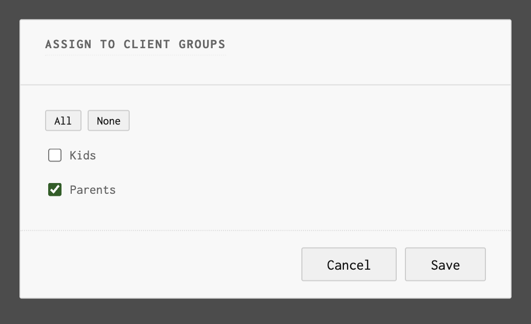 Group assignment dialog showing checkboxes for each client group