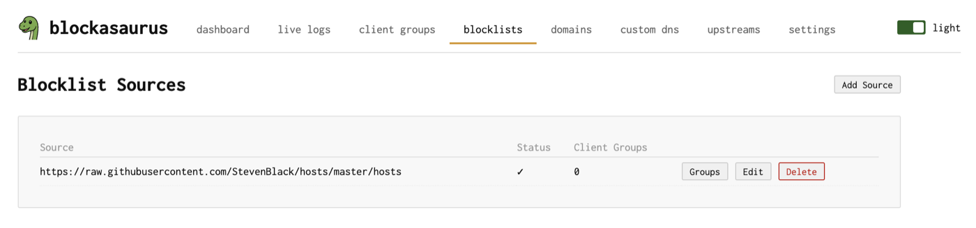 Blocklists page showing subscribed lists with status and group counts