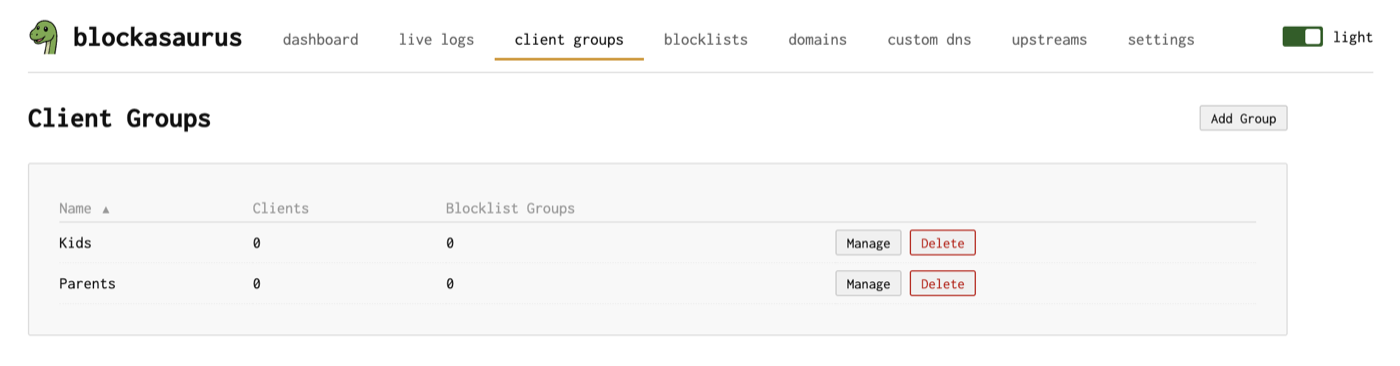 Client Groups list view showing default and custom groups