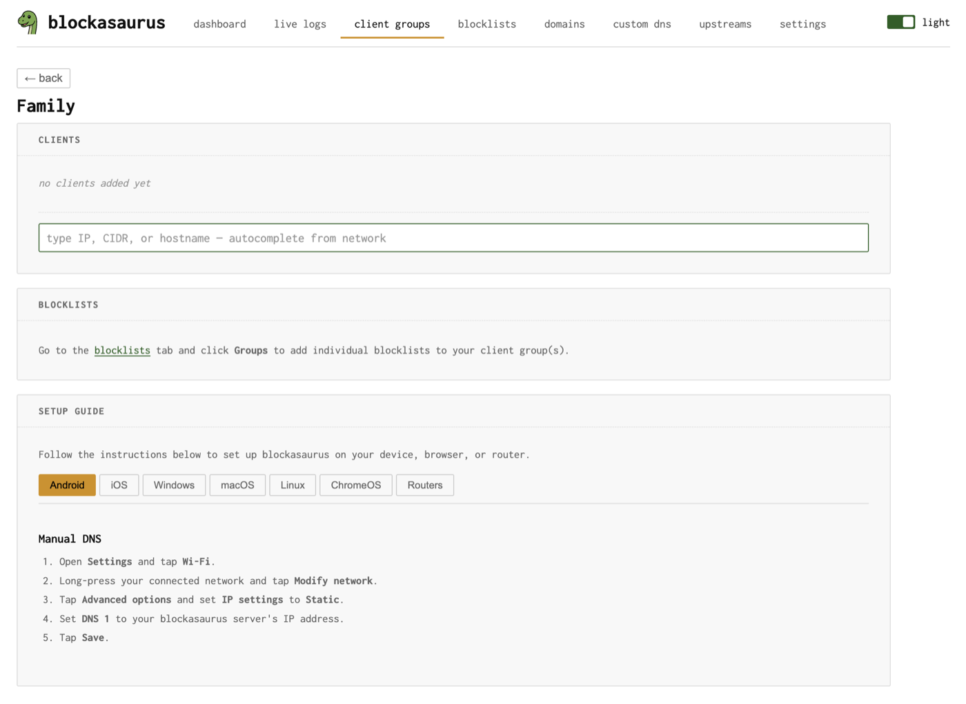 Managing a client group, showing client list and add interface