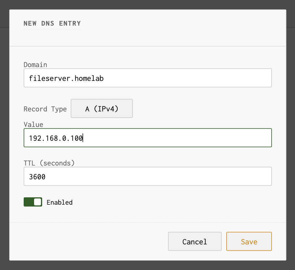 Add custom DNS entry dialog with domain, type, value, and TTL fields