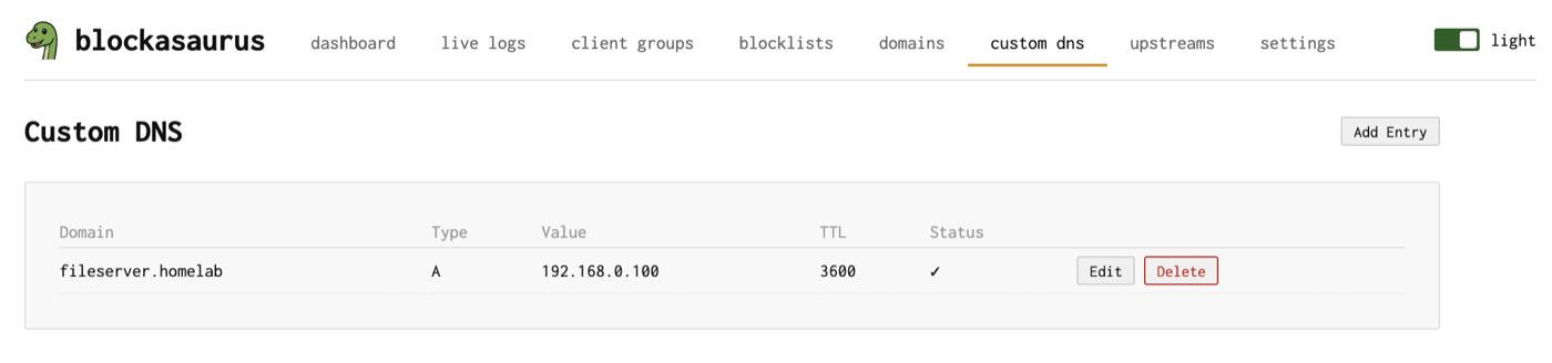 Custom DNS page showing a table of DNS records
