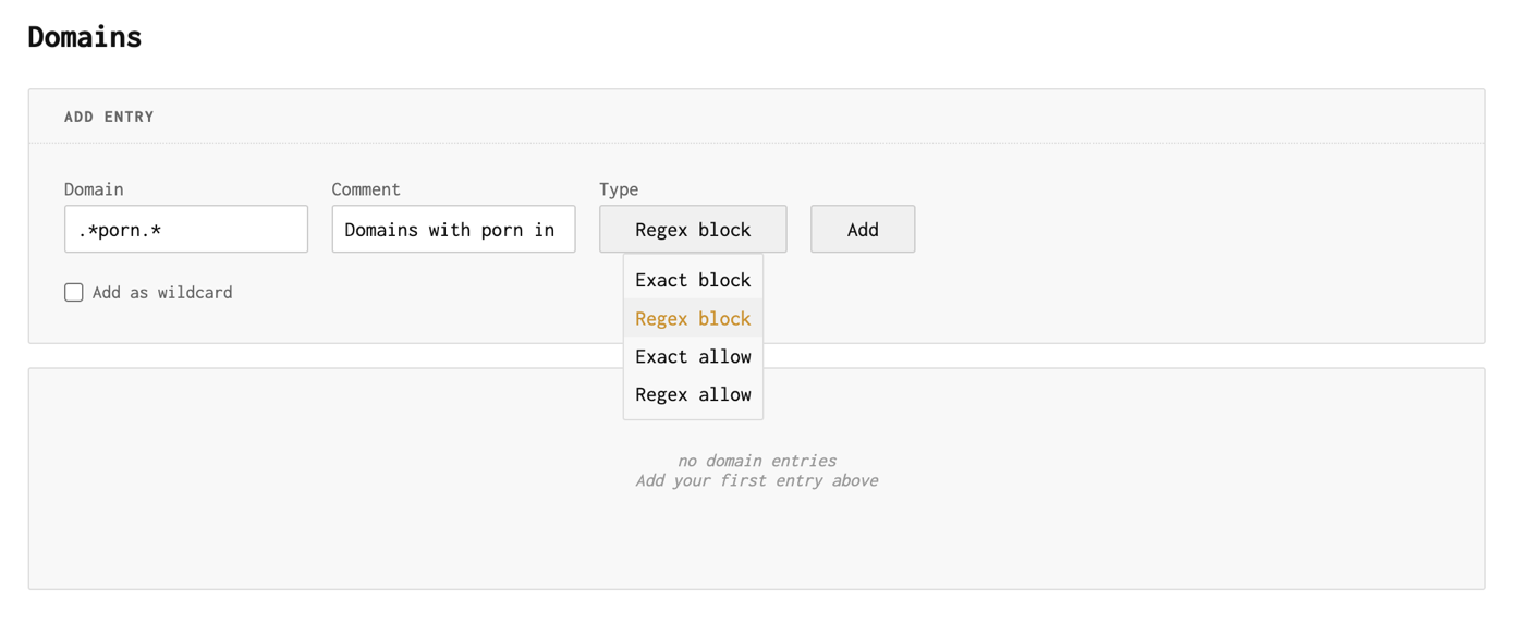 Add domain entry form showing domain field, type selector, comment field, and wildcard checkbox