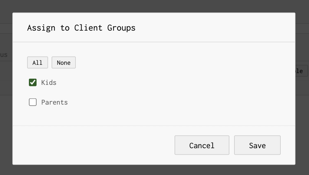Group assignment dialog for a domain entry
