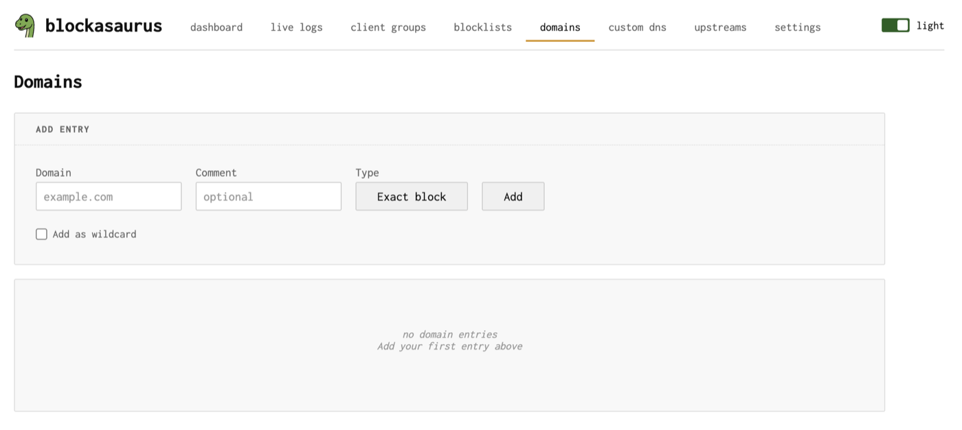 Domains page showing domain entries with type, status, and comment columns