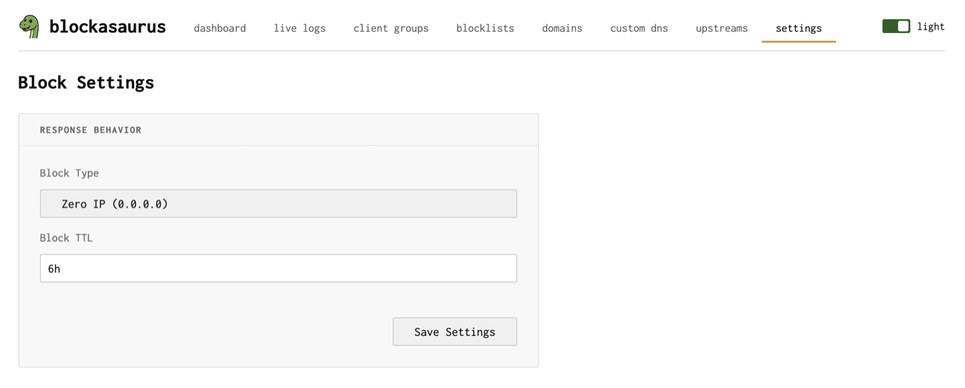 Settings page showing block type and block TTL options