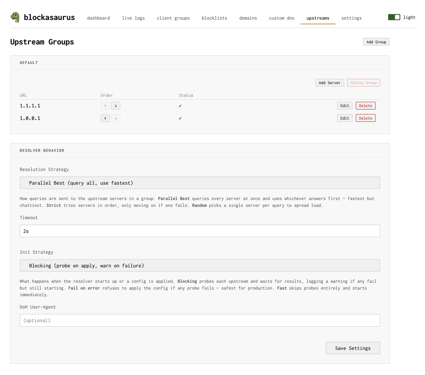 Upstreams page showing the default group with two servers