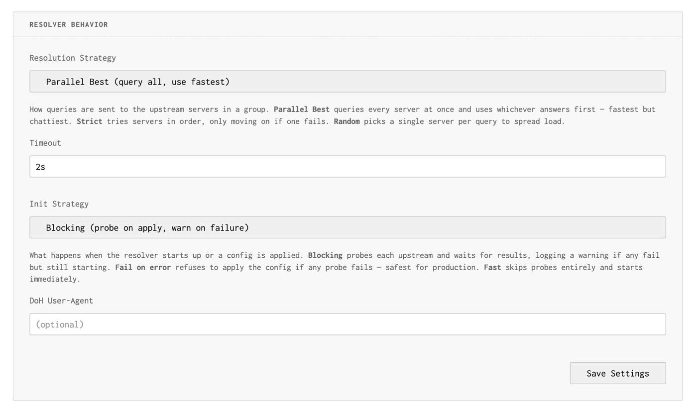 Upstream settings showing strategy, timeout, and init options