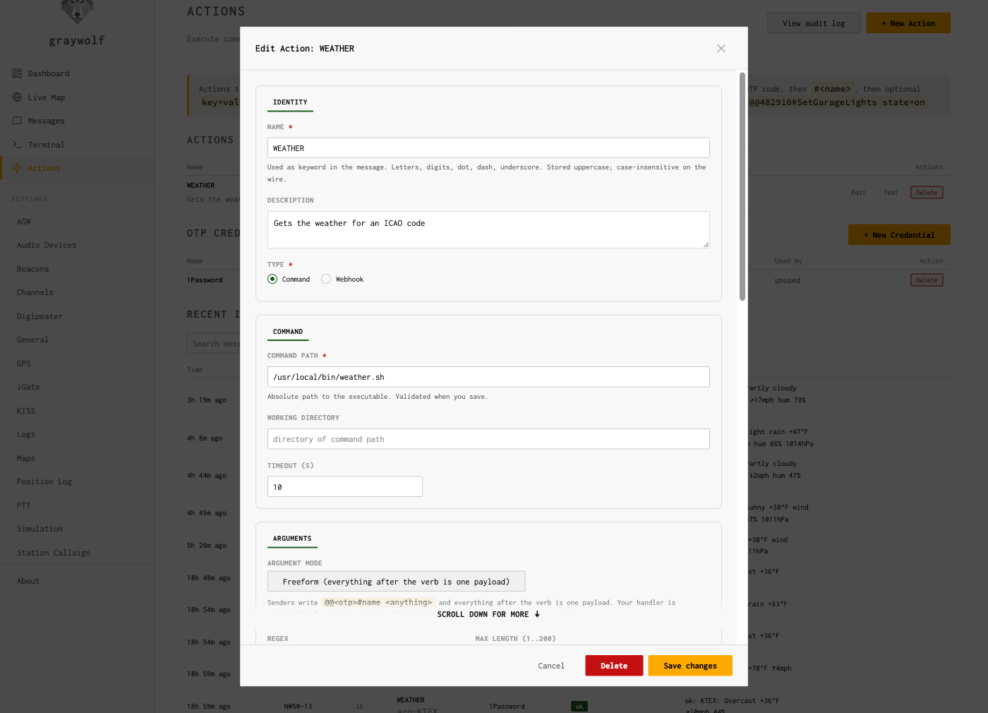 Edit Action modal for an ECHO command Action, showing name, description, type, command path, timeout, and OTP fields