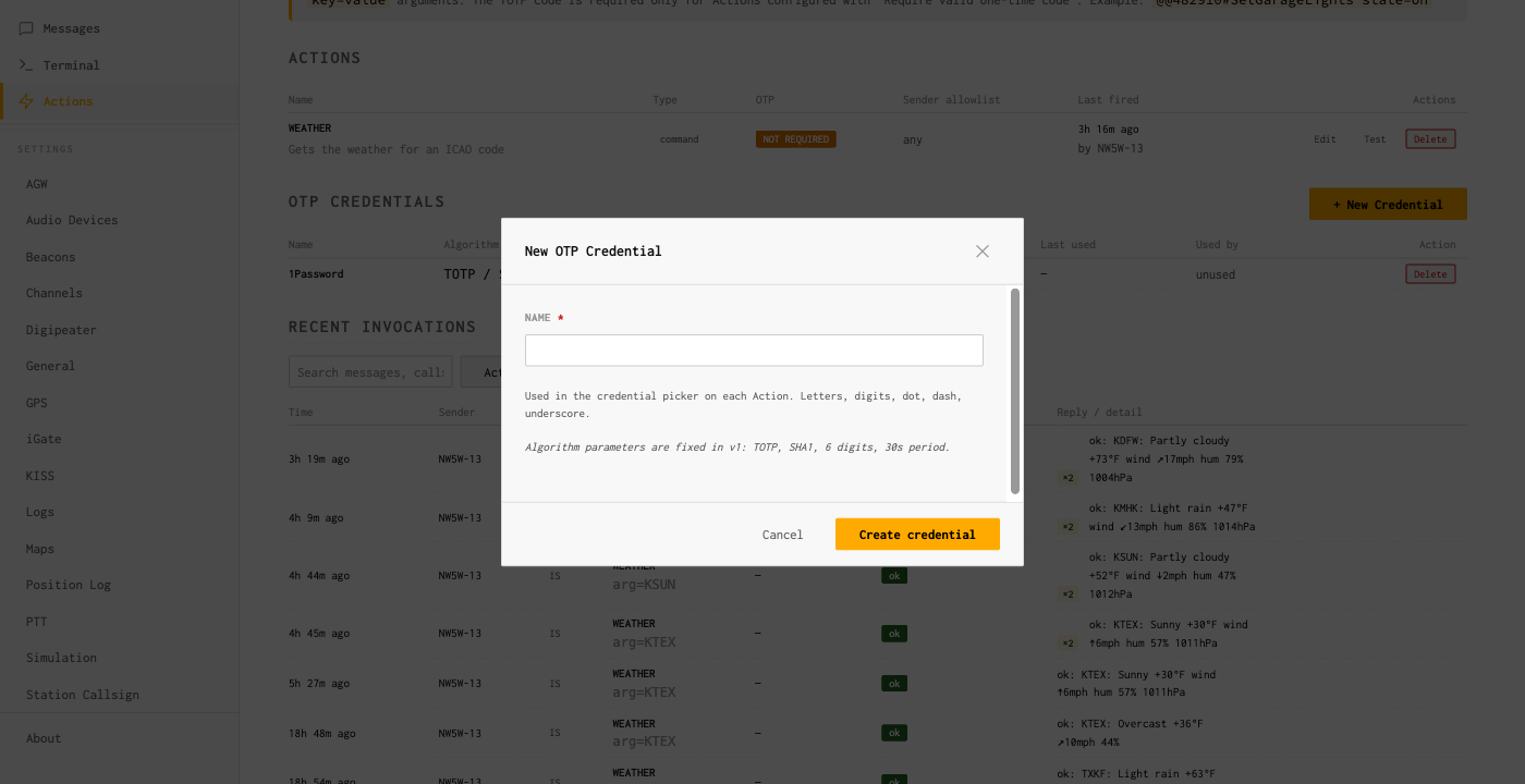 New OTP Credential dialog with a Name field and Create credential button