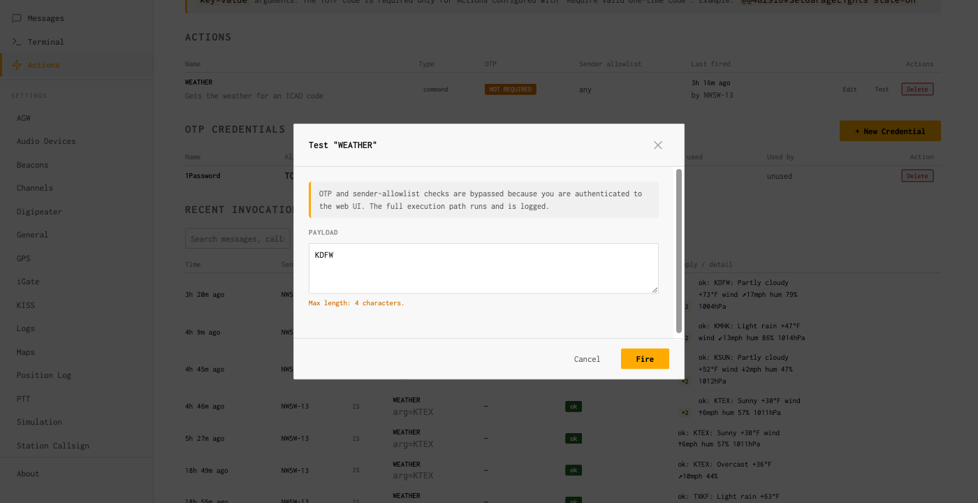 Test ECHO dialog with a banner explaining that OTP and sender-allowlist checks are bypassed for the test fire