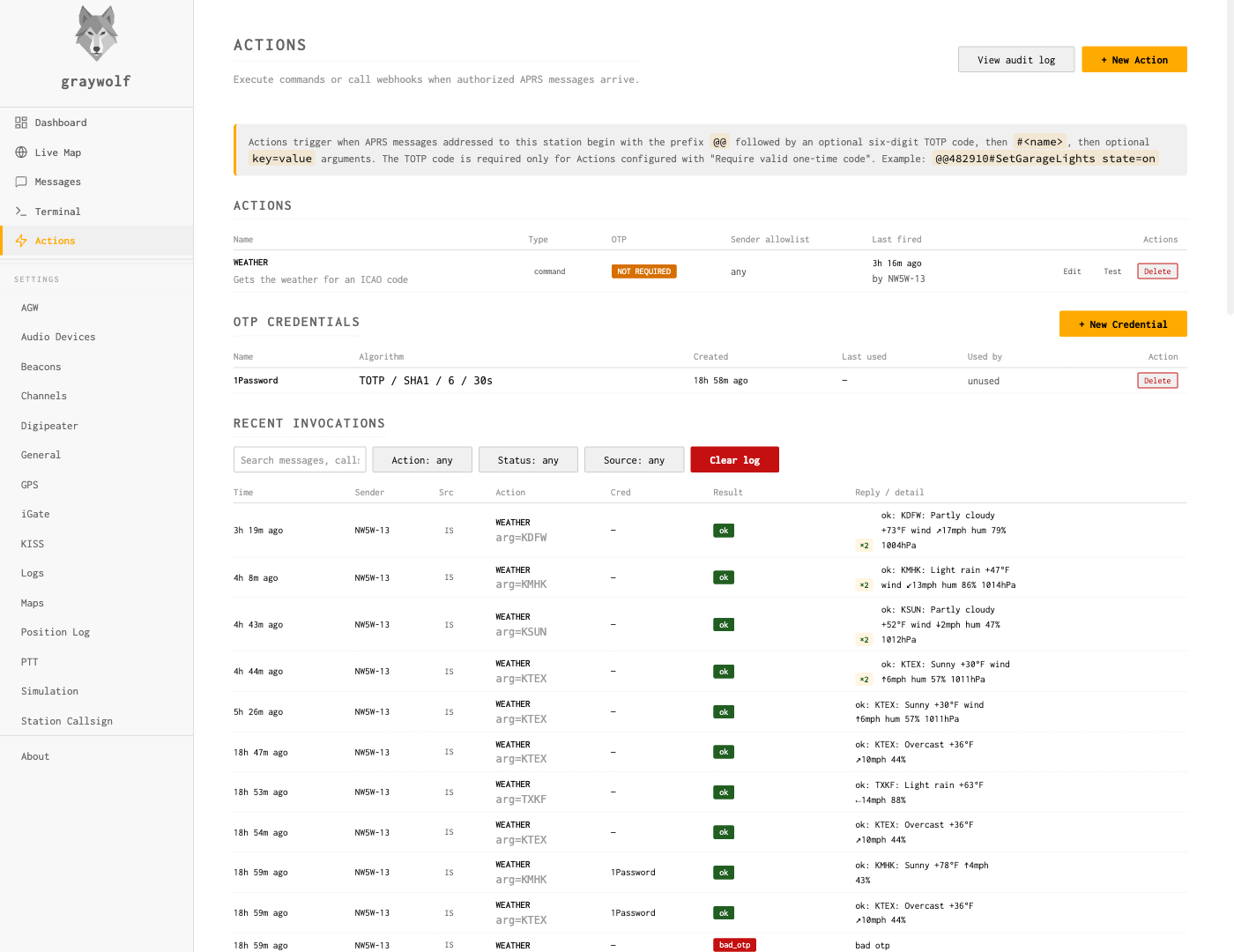Actions page showing the Actions table, OTP Credentials table, and Recent Invocations log