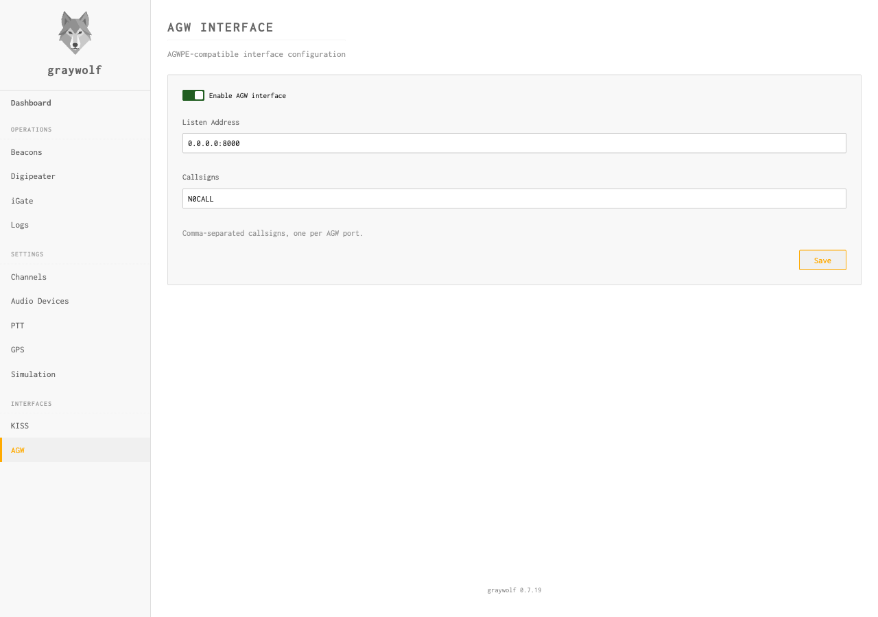 AGW Interface page showing listen address and callsign configuration
