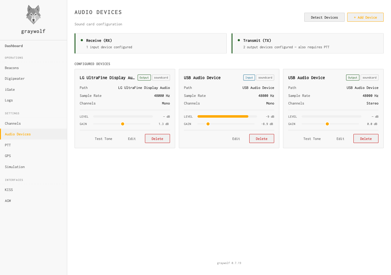 Audio Devices page showing configured input and output devices with gain sliders
