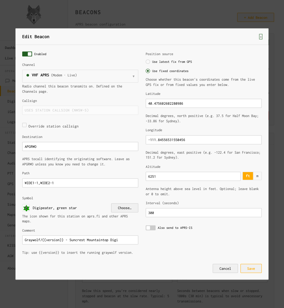 Edit Beacon dialog with the Symbol swatch and Choose button