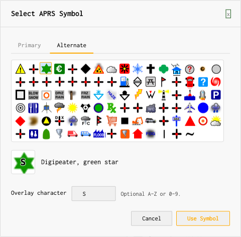 Select APRS Symbol modal showing the Alternate table with a Digipeater green star symbol selected and S as the overlay character