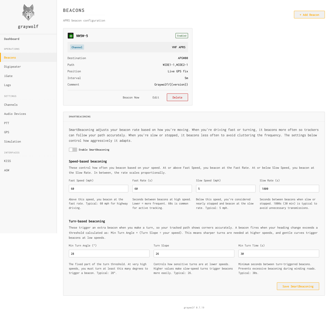 Beacons page showing a position beacon with GPS, SmartBeacon settings, and turn-based beaconing