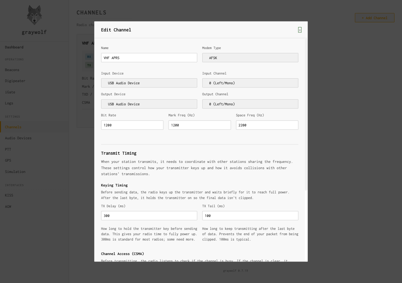 Edit Channel dialog showing modem type, audio device selection, frequencies, and transmit timing