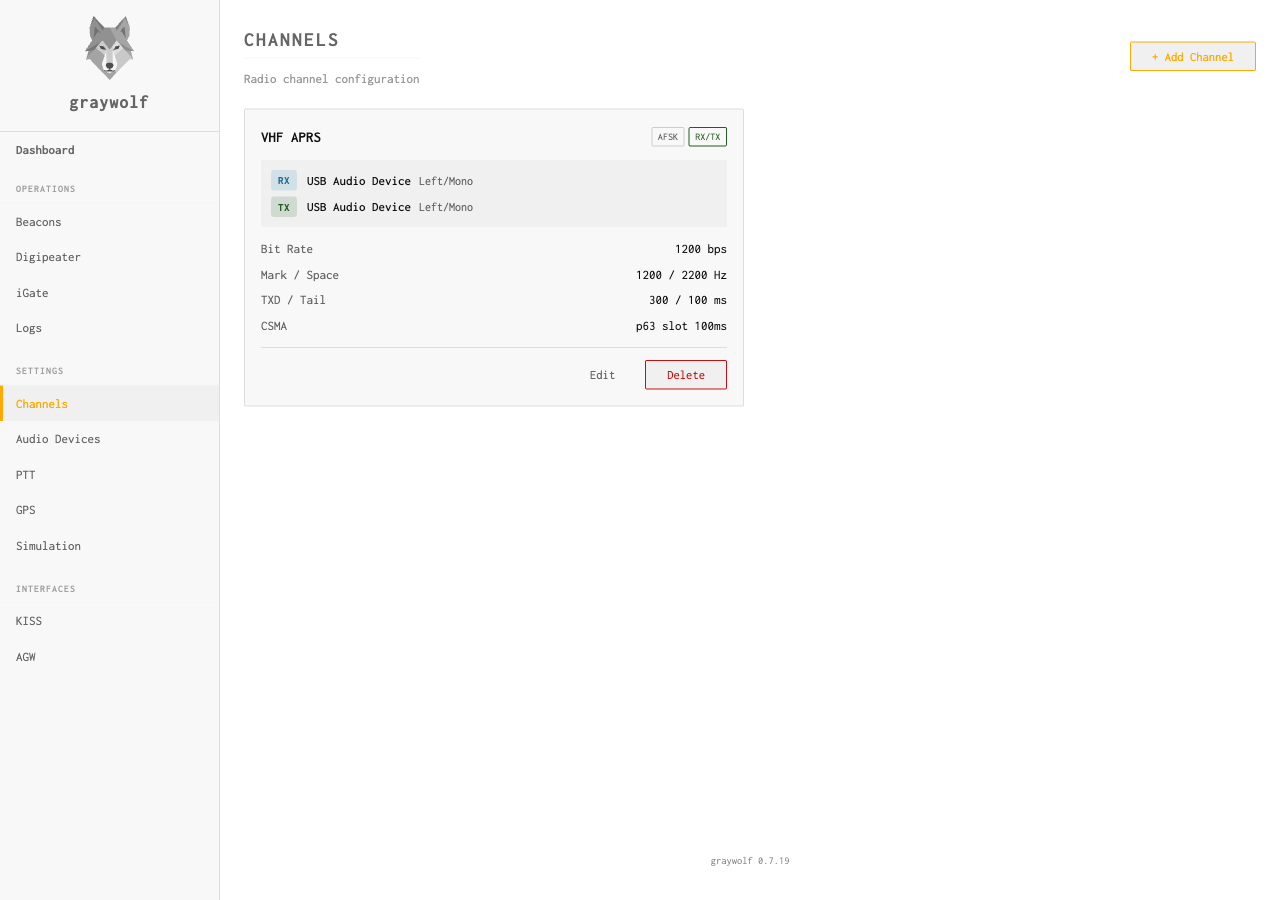 Channels page showing a VHF APRS channel with AFSK modem at 1200 bps