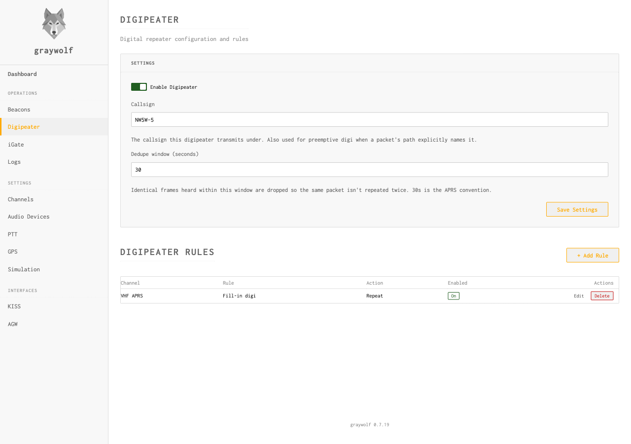 Digipeater page showing settings, callsign, dedupe window, and a fill-in digi rule