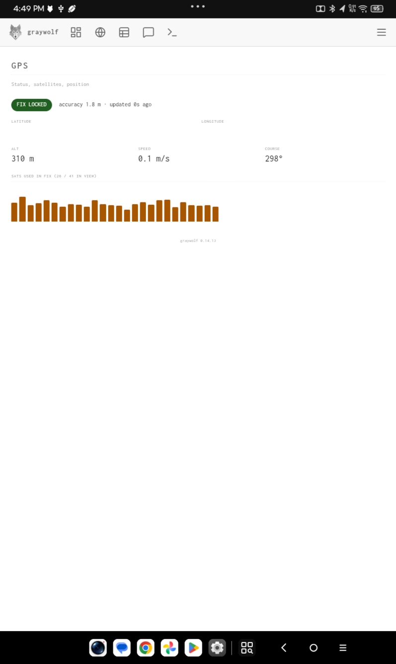 GPS page on Android showing the fix status pill, latitude and longitude, altitude, speed, course, and a satellite signal chart
