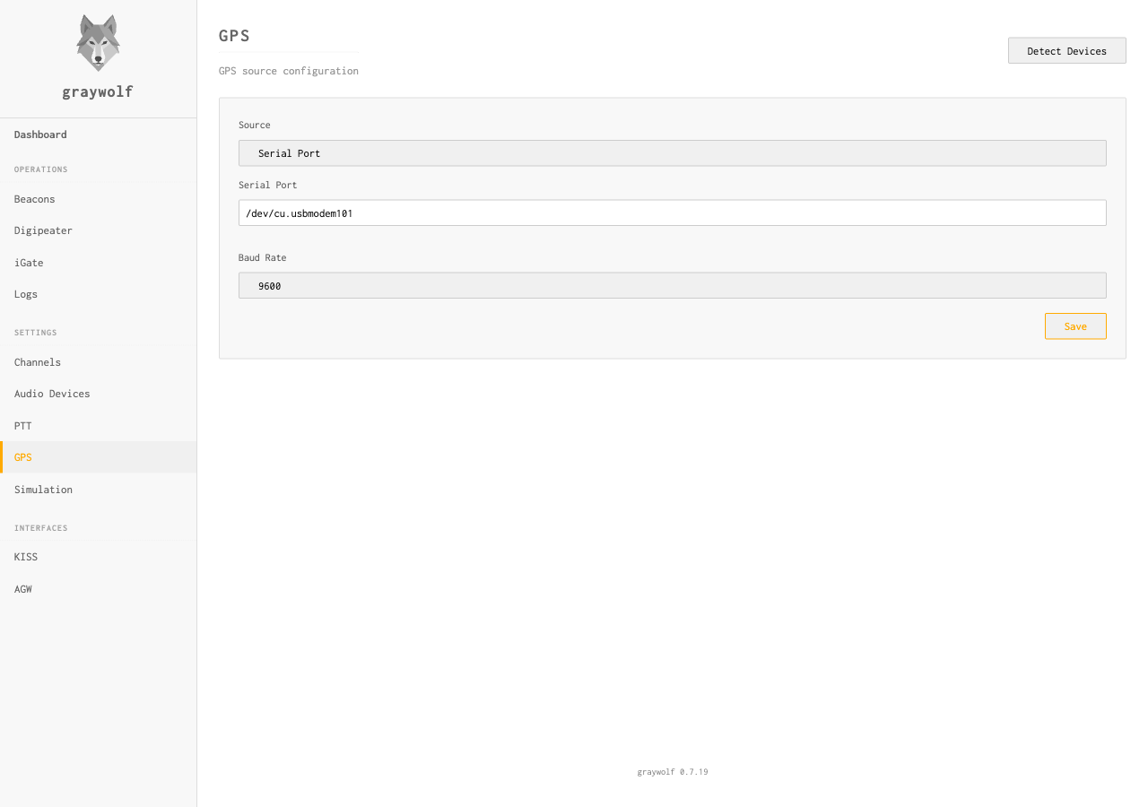 GPS page showing serial port configuration with device path and baud rate
