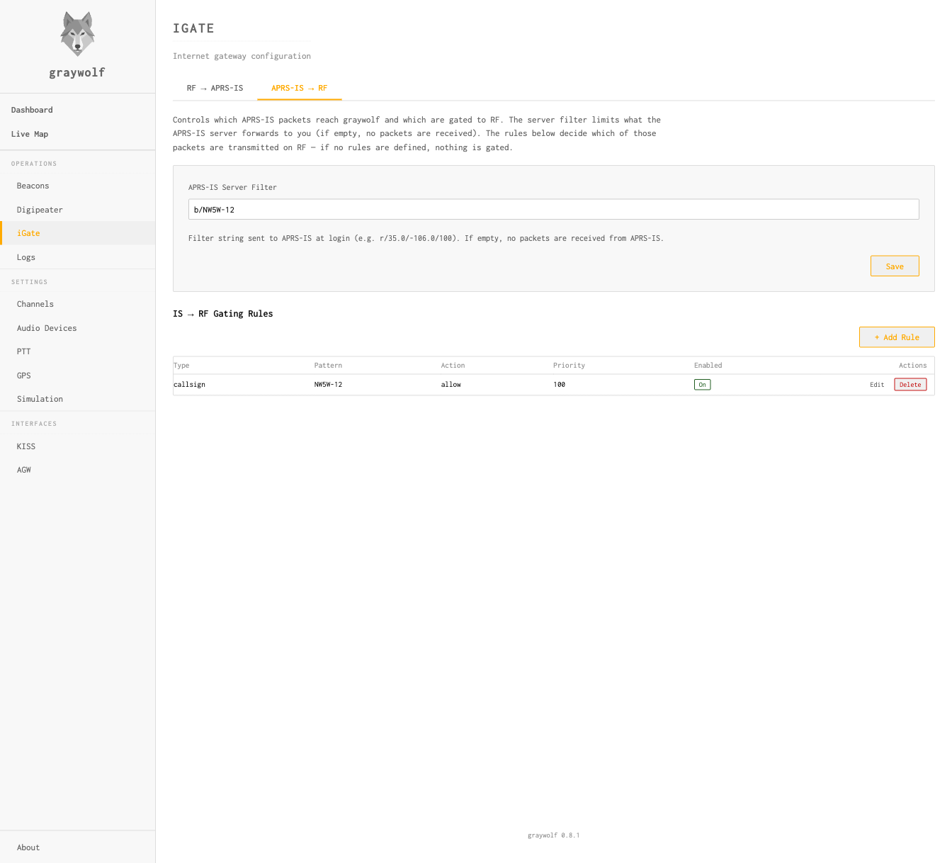 iGate APRS-IS to RF tab showing server filter and gating rules