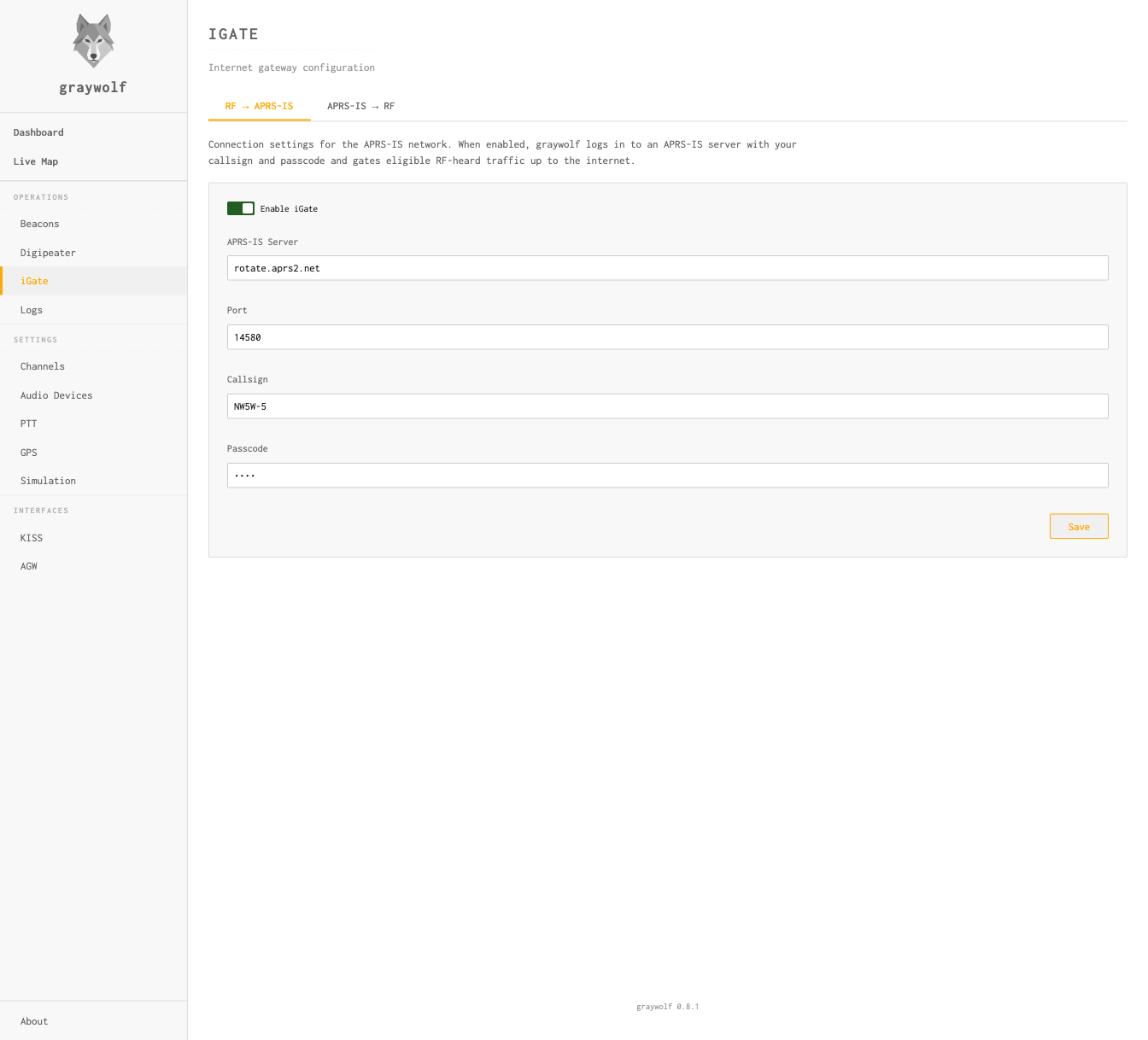 iGate RF to APRS-IS tab showing server, port, callsign, and passcode settings