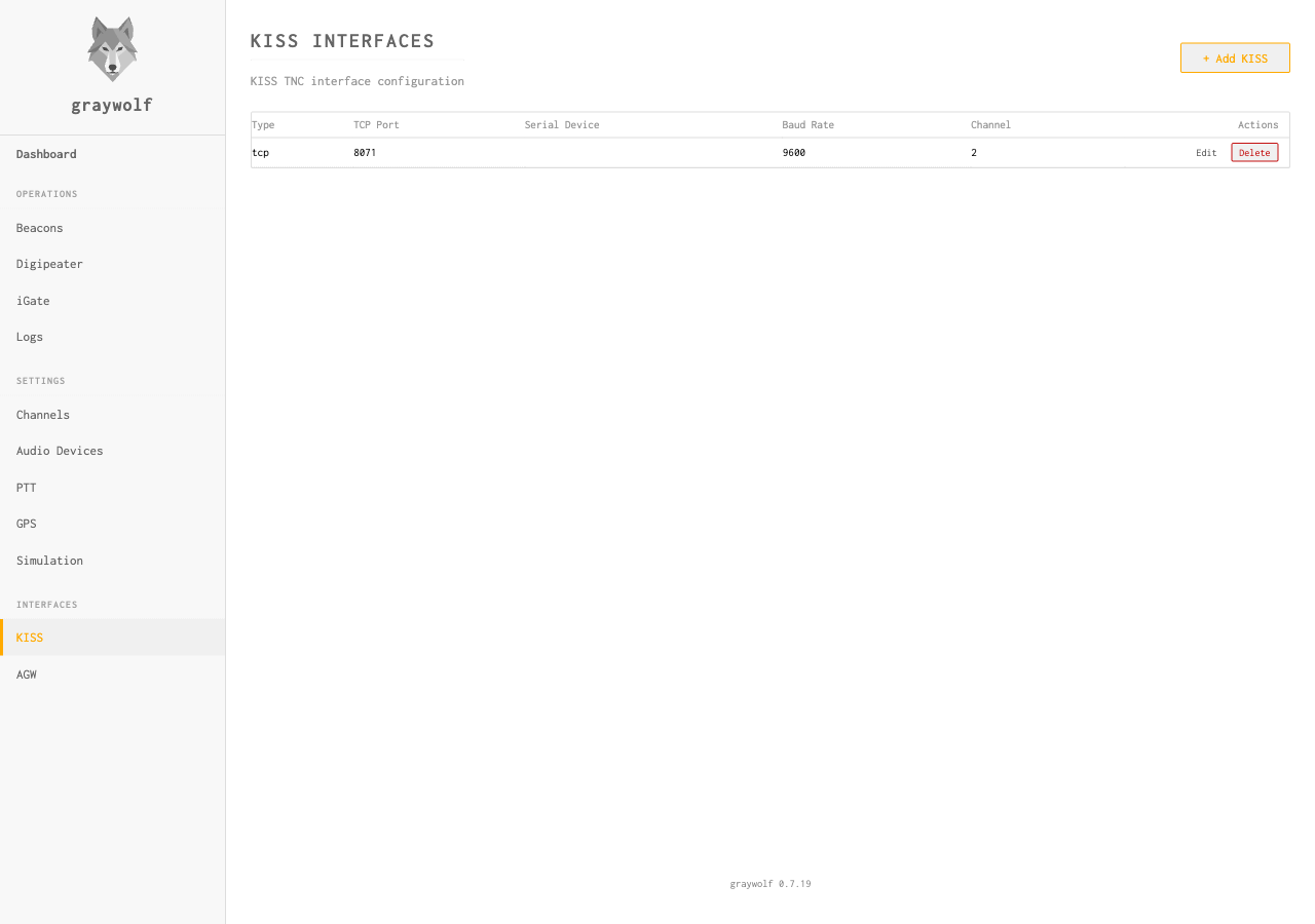 KISS Interfaces page showing a TCP KISS interface on port 8071