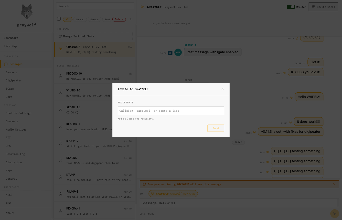 Invite to NET dialog with a Recipients field, autocomplete suggesting W1ABC-9, and a Send button