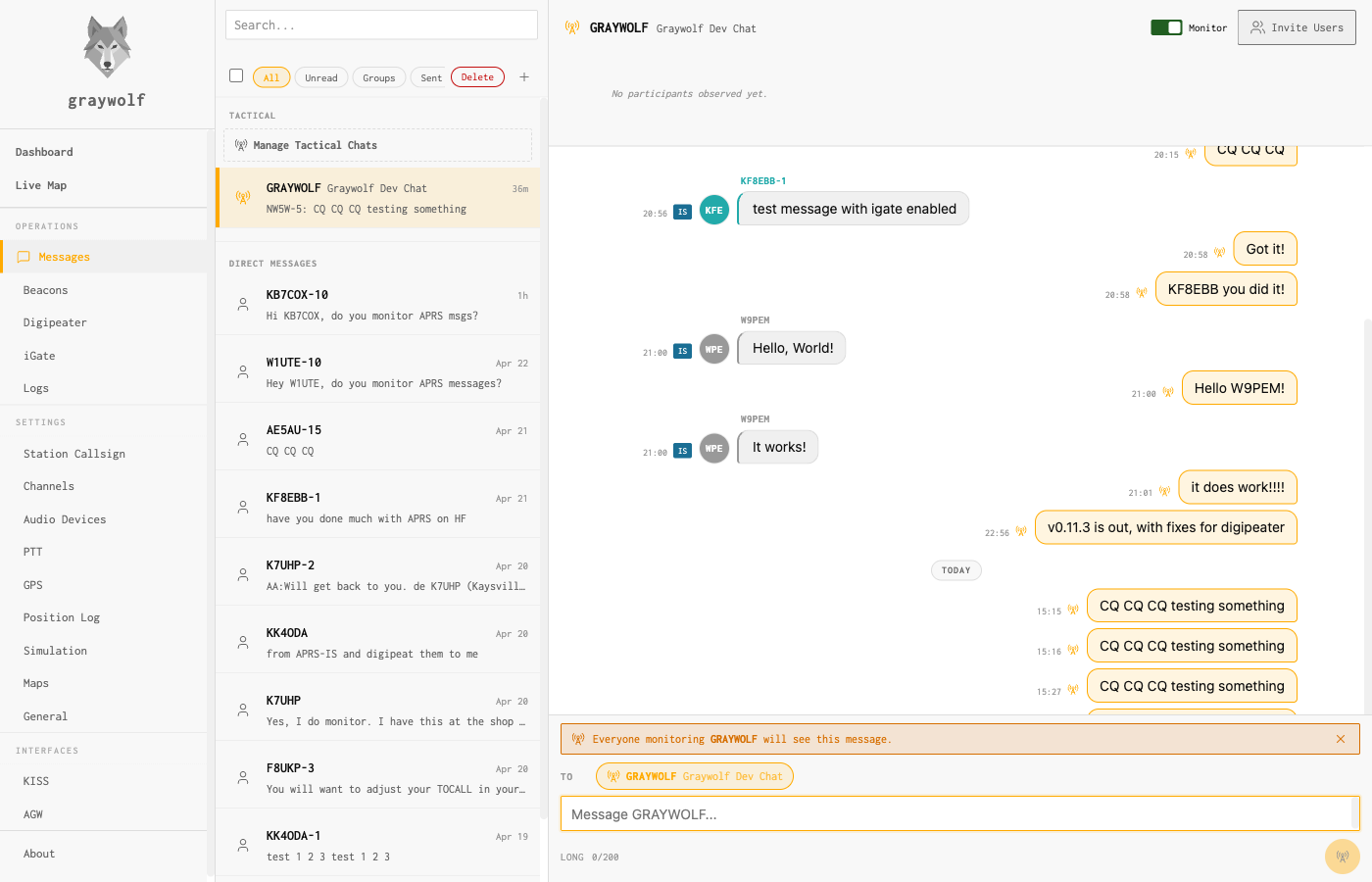 Tactical chat showing participant callsigns at the top and color-coded sender labels on each message