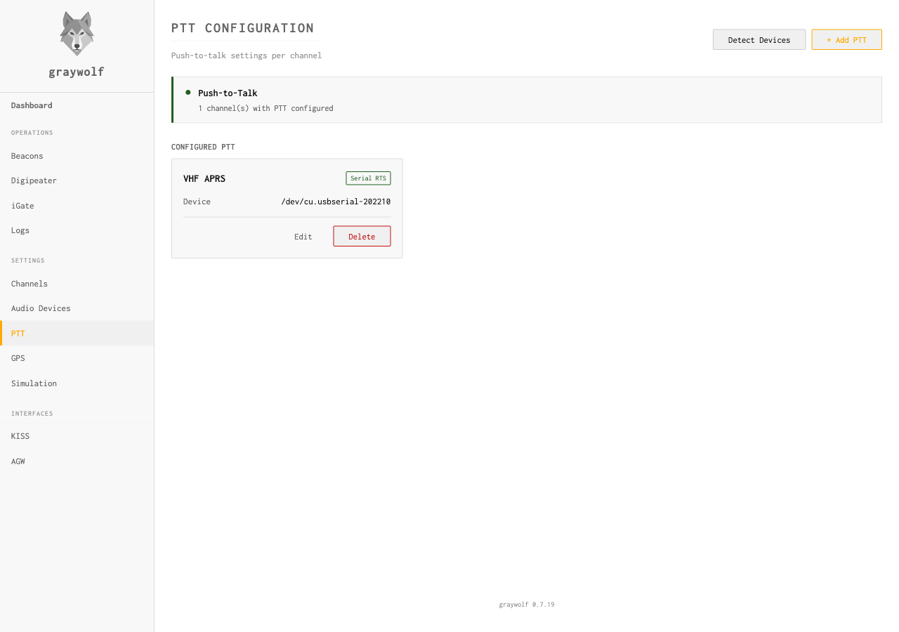 PTT Configuration page showing a Serial RTS PTT on /dev/cu.usbserial